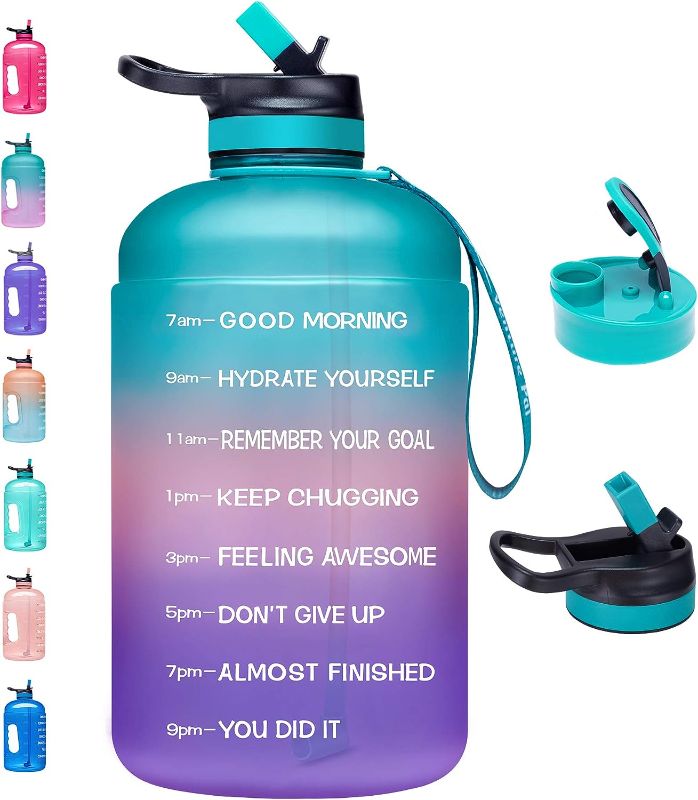 Photo 1 of ADOLPH Large Half Gallon Motivational Water Bottle with Straw and Chug Lids, Leakproof BPA Free 1/2 Gallon Water Jug with Time Marker to Ensure You Drink Enough Water Throughout The Day
