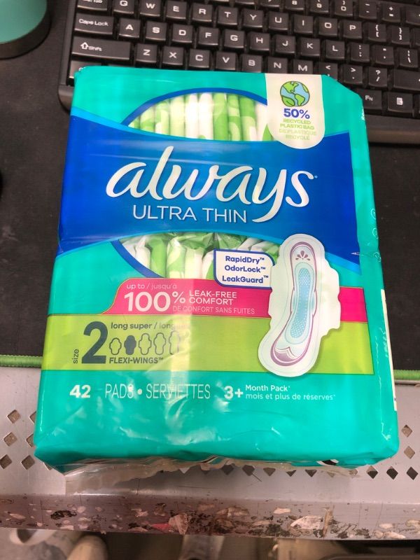 Photo 2 of Always Ultra Thin, Feminine Pads For Women, Size 2 Long Super Absorbency, With Wings, Unscented, 42 Count 42 Count (Pack of 1)