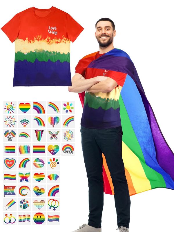 Photo 1 of ( PACK OF 2) 42 Pieces Pride Rainbow Set Includes Pride Flag Cape Gay Pride Shirt Rainbow Temporary Tattoos Gay Pride Stuff LGBTQ Accessories for Party (L)
