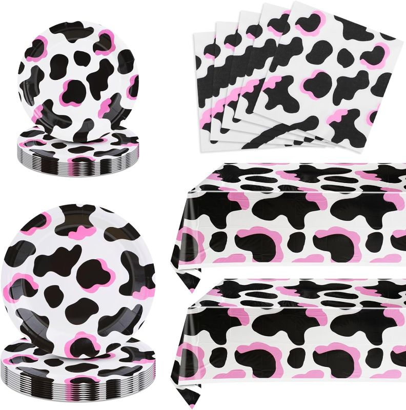 Photo 1 of 62 Pcs Pink Cow Print Birthday Party Supplies Included 40 Plates 20 Napkins and 2 Tablecloth Cow Theme Party Decorations Tableware for Girl Boy Farm Animal Birthday Baby Shower Decorations

