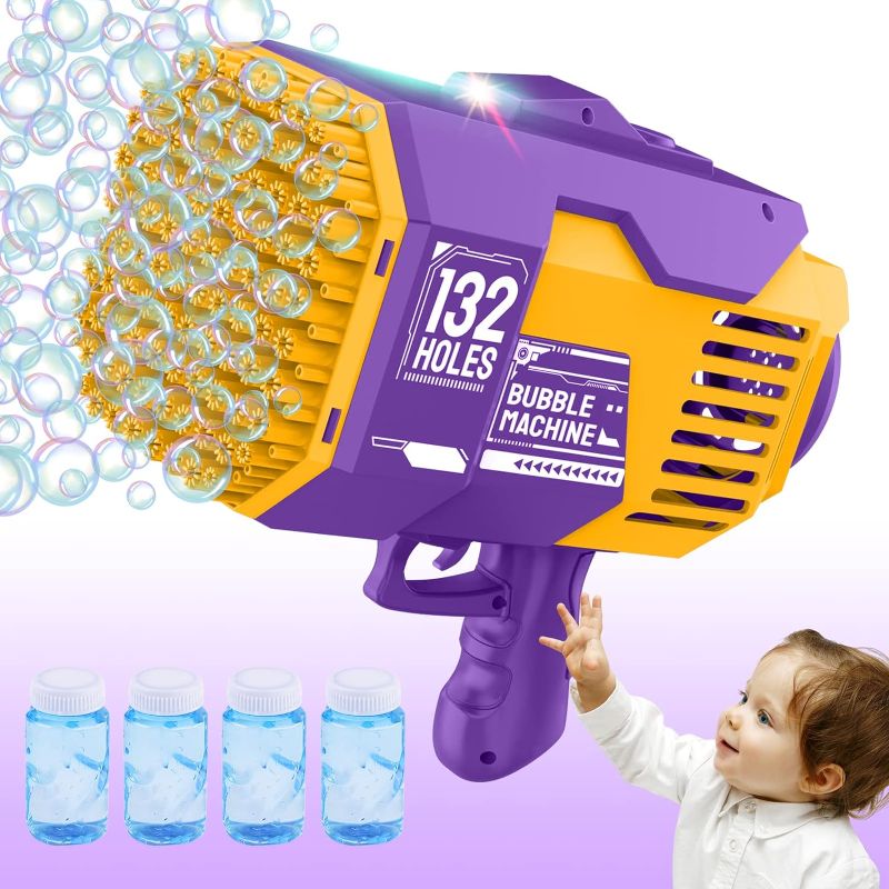 Photo 1 of 132 Holes Bubble Machine Gun - 2023 Upgraded Light Up Bubble Bazooka with Bubble Solution Electric Cannon Gun Blaster Bubbles Maker, Summer Outdoor Toys Gift for Birthday Wedding Party (Purple)
