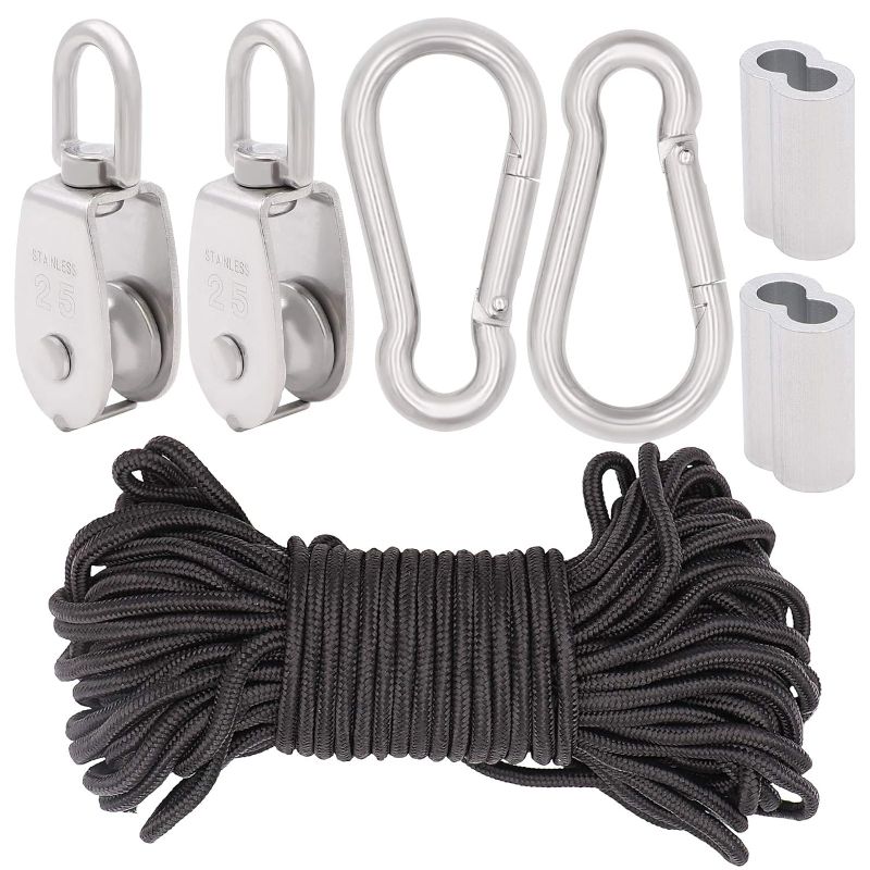 Photo 1 of (Lot of 7pcs)2pcs M25 Single Pulley Block for Lifting and 2pcs M8 Carabiner Snap Hook Clips in 304 Stainless Steel,2pcs Aluminum Crimping Loop Sleeves with 1pcs 6mm X 20m Nylon Rope
