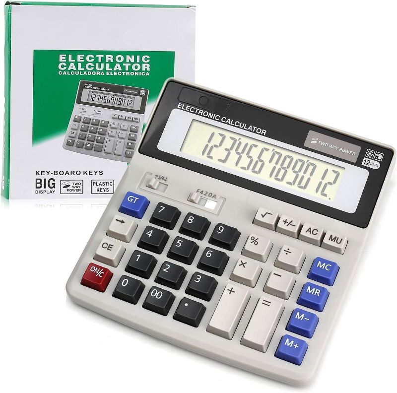 Photo 1 of Calculator, Calculators Large Display and Buttons, Solar Battery Dual Power, Big Button 12 Digit Large LCD Display (White)
