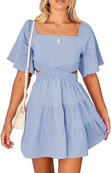 Photo 1 of ANGGREK Summer Dresses for Women 2023 Square Neck Short Sleeve Casual Mini Dress Cutout Crossover Waist Wedding Guest Dress
size- small 