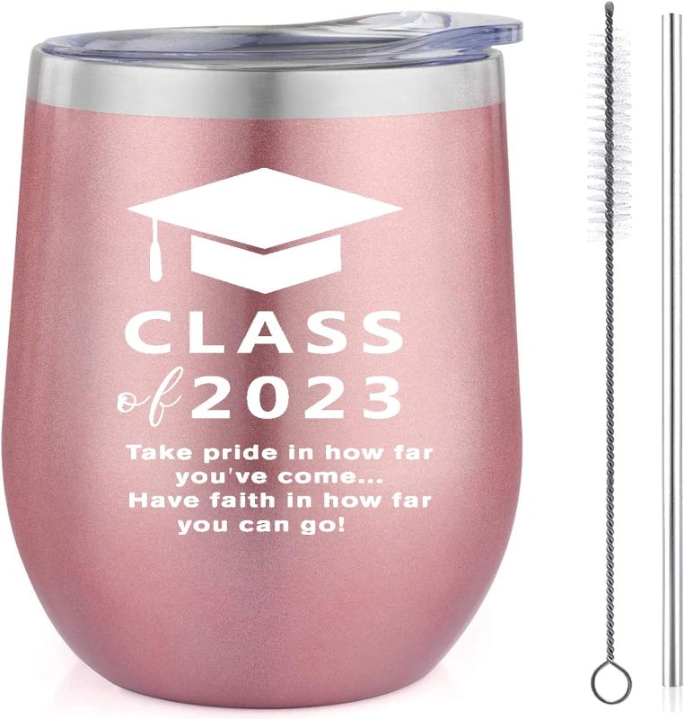 Photo 1 of 2023 Graduation Motivational Gift for Him Her 12 Ounce Stainless Steel Wine Tumbler Insulted Mug Cup with Lid Straw Graduate Inspirational Gifts for College (Rose Gold)
