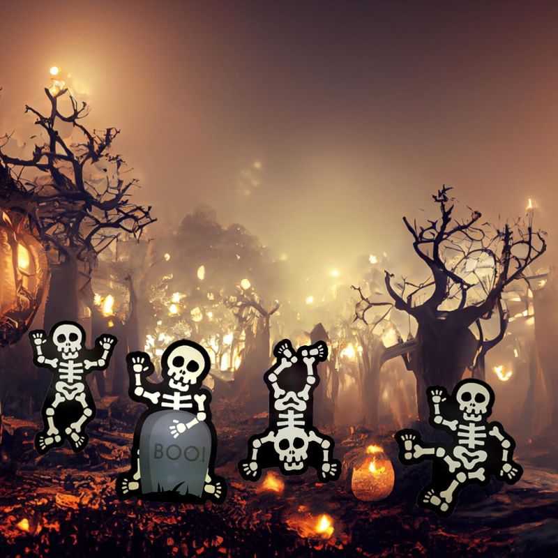Photo 1 of 4 Pack Halloween Decoration Skeleton Yard Signs Waterproof Gravestone with Stakes Plastic Halloween Outdoor Decoration,Outdoor Yard Lawn Decor
