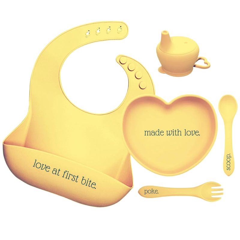 Photo 1 of Heart Shaped Silicone Feeding Set 5 Piece Baby & Toddler Tableware Silicone Set, Bib, Heart Plate/Bowl, Fork & Spoon, Sippy Cup Lid, (Mustard)
