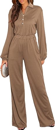 Photo 1 of BLENCOT Women V Neck Long Sleeve Jumpsuits Button Ribbed Casual Loose Long Wide Leg Rompers With Pockets S-XL
size m