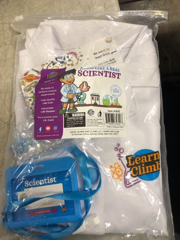 Photo 2 of Learn & Climb Scientist Lab Coat for Kids Ages 3-7. Three Piece Set Children's Scientist Costume with Goggles & ID Card