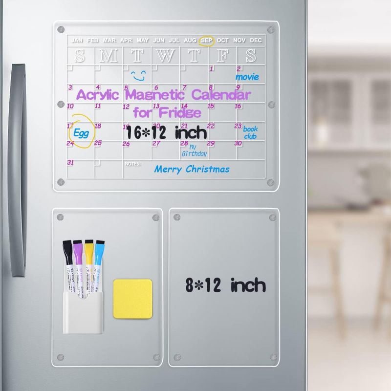 Photo 1 of 3Sets Acrylic Magnetic Dry Erase Board Calendar for Fridge(16 * 12,8 * 12) Clear Planning Calendar for Refrigerator Include 4 Magnetic Dry Erase Markers with Eraser and 1 Magnetic Pencil Case
