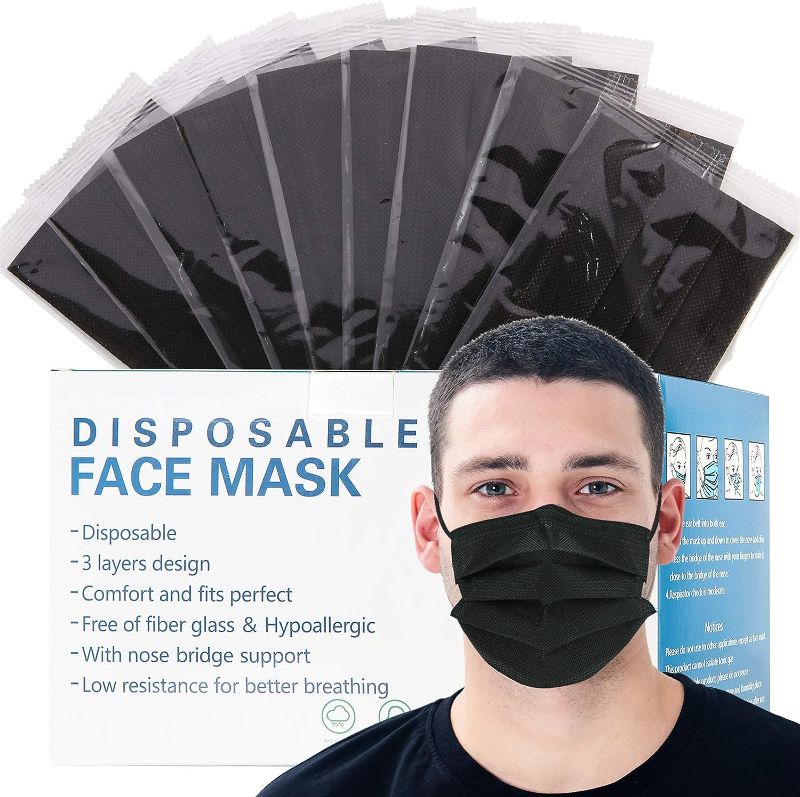 Photo 1 of 50 PCS Disposable Face Mask 50 Pack Individually Packaged Wrapped Protection For Adults 3-layer Filter Safety Face Masks (Black Colour)
