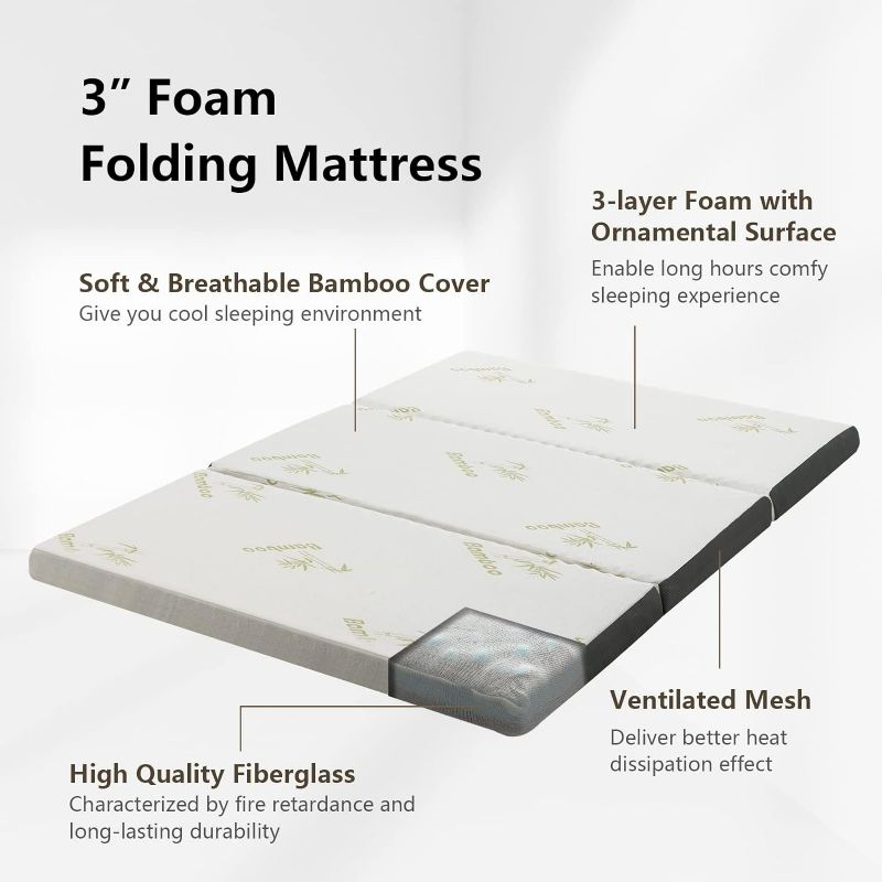 Photo 2 of Giantex Folding Mattress Full, 3" Tri-fold Memory Foam Mattress with Headrest, Foldable Mattress Topper w/Soft Bamboo Cover, Portable Mattress w/Carrying Bag for RV Guest Bed, CertiPUR-US Certified (Full)
