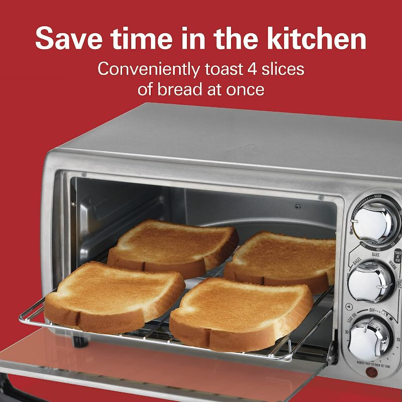 Photo 1 of Hamilton Beach 4-Slice Countertop Toaster Oven with Bake Pan, Broil & Bagel Functions, Auto Shutoff, Stainless Steel (31143)
