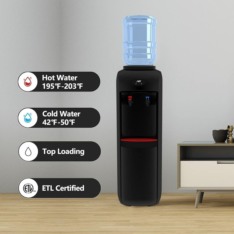 Photo 1 of Top Loading Water Dispenser, Water Cooler with Compressor Cooling, Child Safety Lock, Energy Saving, ETL Approved - Hot, Cold & Room Water, 3 Temp Settings, Black
