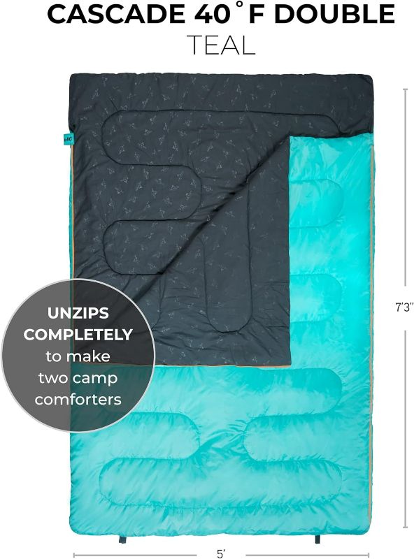 Photo 2 of TETON Sports Cascade Double Sleeping Bag; Lightweight, Warm and Comfortable for Family Camping, Teal, 87" x 60"
