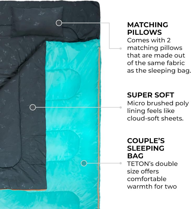 Photo 4 of TETON Sports Cascade Double Sleeping Bag; Lightweight, Warm and Comfortable for Family Camping, Teal, 87" x 60"
