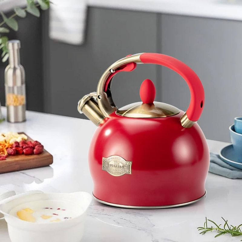 Photo 2 of SUSTEAS Stove Top Whistling Tea Kettle-Surgical Stainless Steel Teakettle Teapot with Cool Touch Ergonomic Handle,1 Free Silicone Pinch Mitt Included,2.64 Quart(RED)
