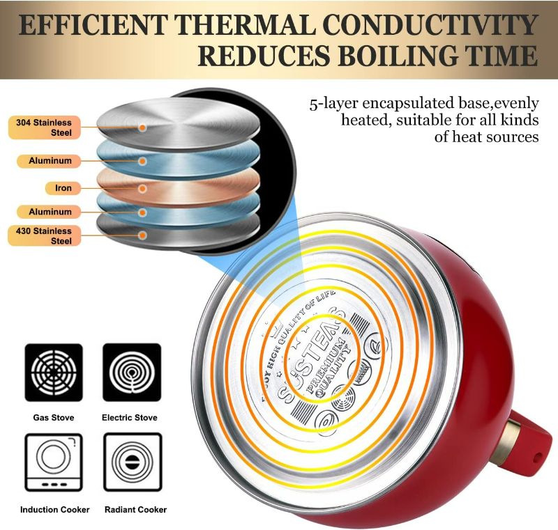 Photo 3 of SUSTEAS Stove Top Whistling Tea Kettle-Surgical Stainless Steel Teakettle Teapot with Cool Touch Ergonomic Handle,1 Free Silicone Pinch Mitt Included,2.64 Quart(RED)
