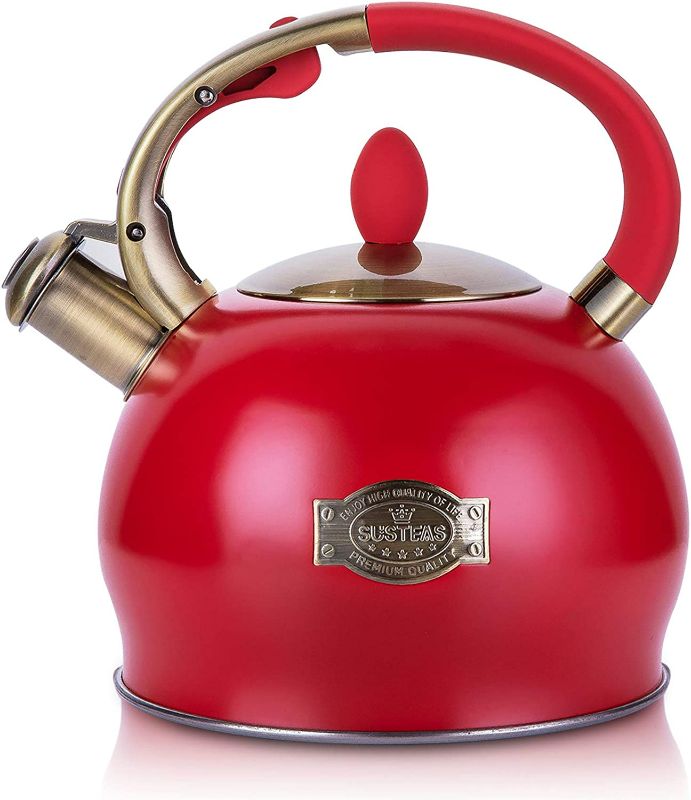 Photo 1 of SUSTEAS Stove Top Whistling Tea Kettle-Surgical Stainless Steel Teakettle Teapot with Cool Touch Ergonomic Handle,1 Free Silicone Pinch Mitt Included,2.64 Quart(RED)
