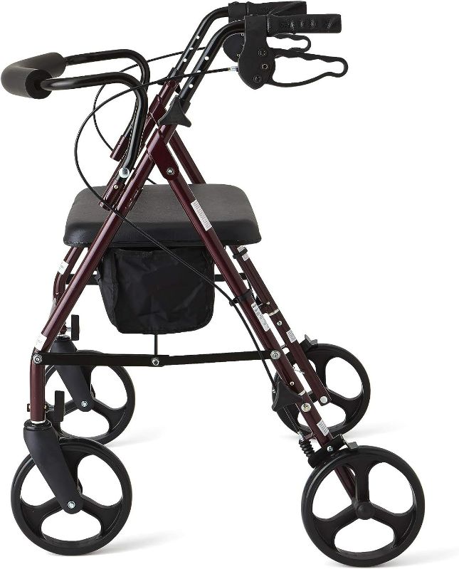 Photo 3 of Medline Heavy Duty Rollator Walker with Seat, Bariatric Rolling Walker Supports up to 500 lbs, Large 8-inch Wheels, Burgundy
