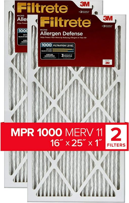 Photo 1 of Filtrete 16x25x1 Air Filter, MPR 1000, MERV 11, Micro Allergen Defense 3-Month Pleated 1-Inch Air Filters, 2 Filters
