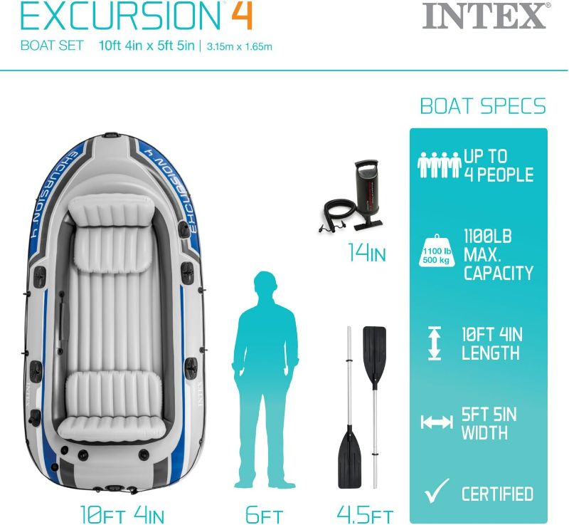 Photo 2 of INTEX Excursion Inflatable Boat Series: Includes Deluxe 54in Aluminum Oars and High-Output Pump – SuperStrong PVC – Adjustable Seats with Backrest – Fishing Rod Holders – Welded Oar Locks
