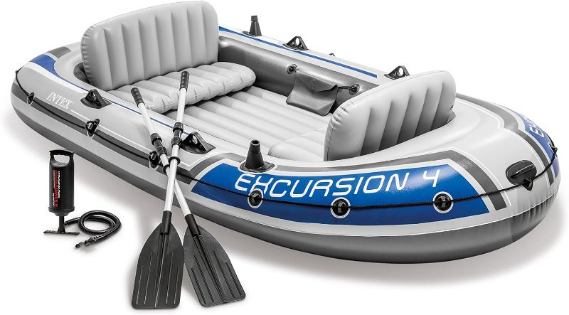 Photo 1 of INTEX Excursion Inflatable Boat Series: Includes Deluxe 54in Aluminum Oars and High-Output Pump – SuperStrong PVC – Adjustable Seats with Backrest – Fishing Rod Holders – Welded Oar Locks
