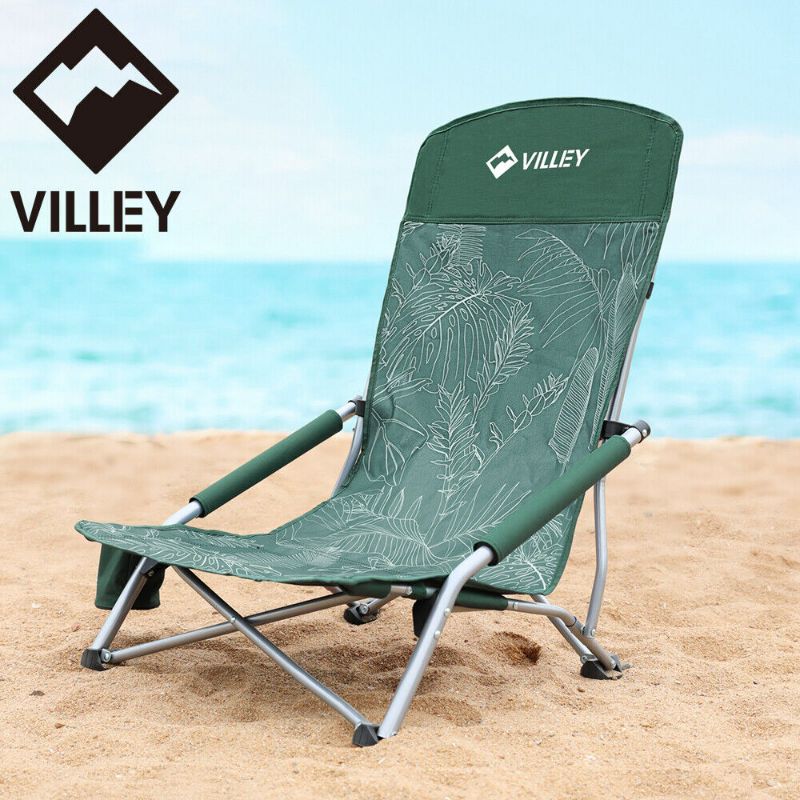 Photo 1 of VILLEY High Back Folding Beach Chair Low Beach Chair Cup Holder Carry Bag Green
