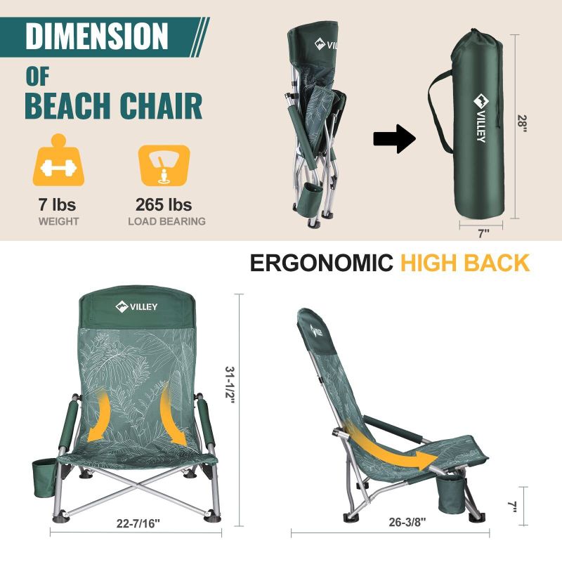 Photo 2 of VILLEY High Back Folding Beach Chair Low Beach Chair Cup Holder Carry Bag Green
