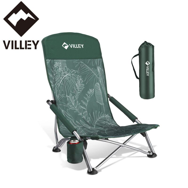 Photo 4 of VILLEY High Back Folding Beach Chair Low Beach Chair Cup Holder Carry Bag Green
