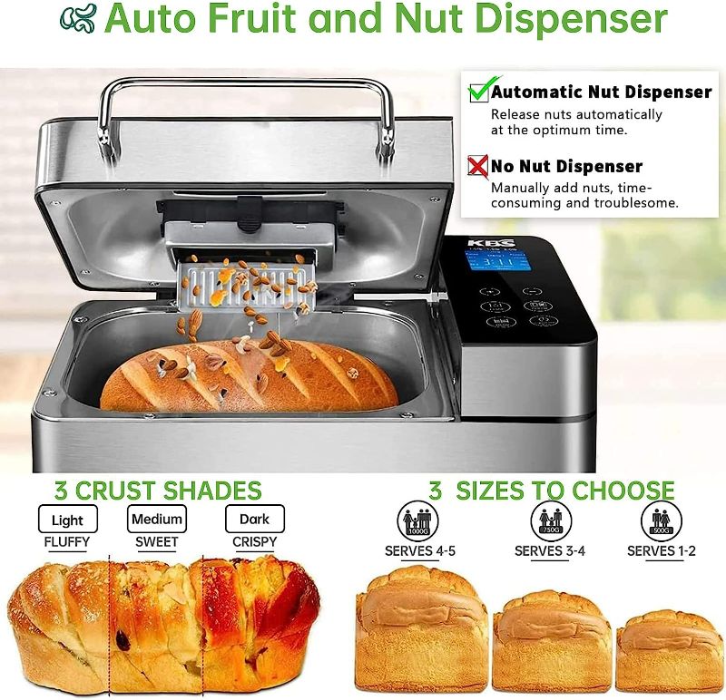 Photo 3 of KBS Large 17-in-1 Bread Machine, 2LB All Stainless Steel Bread Maker with Auto Fruit Nut Dispenser, Nonstick Ceramic Pan, Full Touch Panel Tempered Glass, Reserve& Keep Warm Set, Oven Mitt and Recipes
