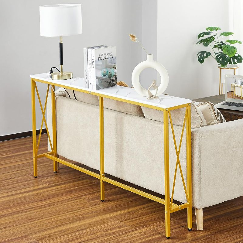Photo 1 of Console Table with Power Outlet, H Sofa Table for Living Room, Long Entryway Table with, Marble Texture Skinny Couch Table with Golden Metal Frame
