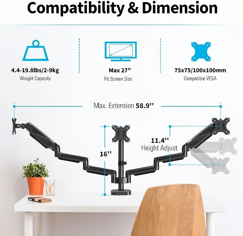 Photo 2 of MOUNTUP Triple Monitor Mount - Monitor Desk Mount for 3 Computer Screens Up to 27 inch, Triple Monitor Arm with Gas Spring, Heavy Duty Monitor Stand, Each Arm Holds Up to 17.6 lbs
