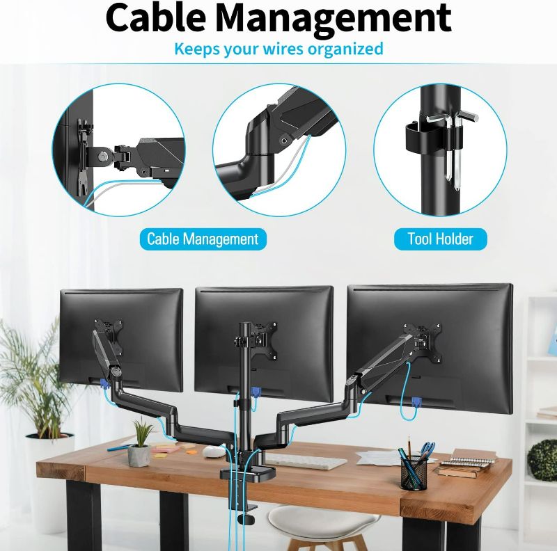 Photo 5 of MOUNTUP Triple Monitor Mount - Monitor Desk Mount for 3 Computer Screens Up to 27 inch, Triple Monitor Arm with Gas Spring, Heavy Duty Monitor Stand, Each Arm Holds Up to 17.6 lbs
