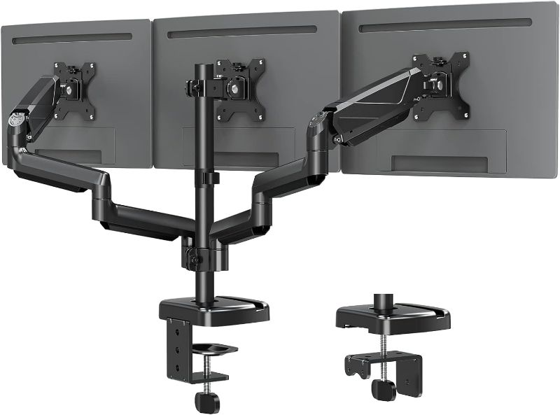 Photo 1 of MOUNTUP Triple Monitor Mount - Monitor Desk Mount for 3 Computer Screens Up to 27 inch, Triple Monitor Arm with Gas Spring, Heavy Duty Monitor Stand, Each Arm Holds Up to 17.6 lbs
