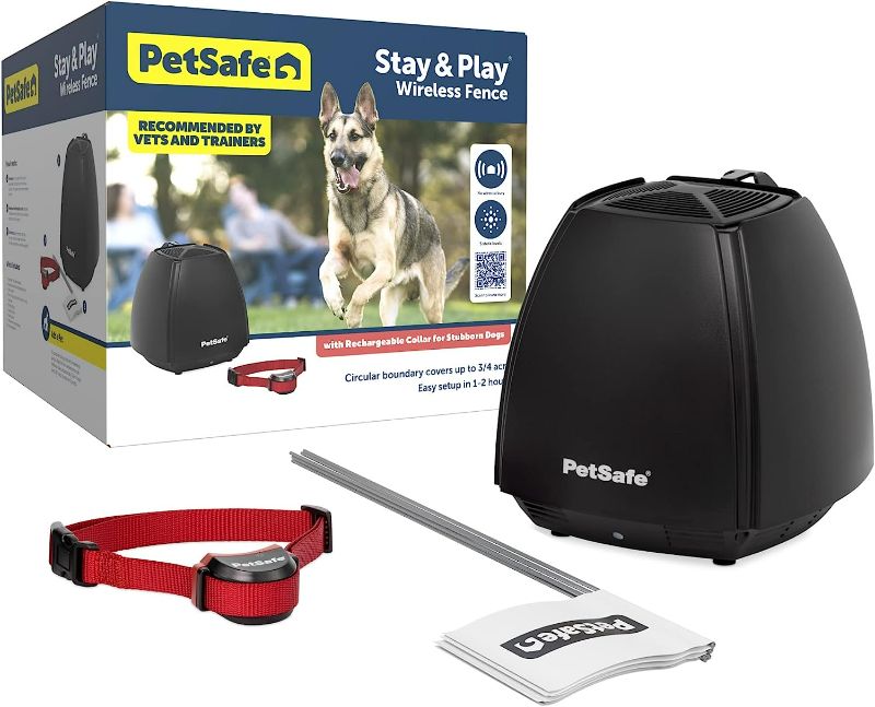 Photo 1 of PetSafe Stay & Play Wireless Pet Fence for Stubborn Dogs – No Wire to Bury – Covers 3/4-Acre Yard – For Hard-to-Train Dogs 5 lbs. & Up – Portable – From the Parent Company of INVISIBLE FENCE Brand
