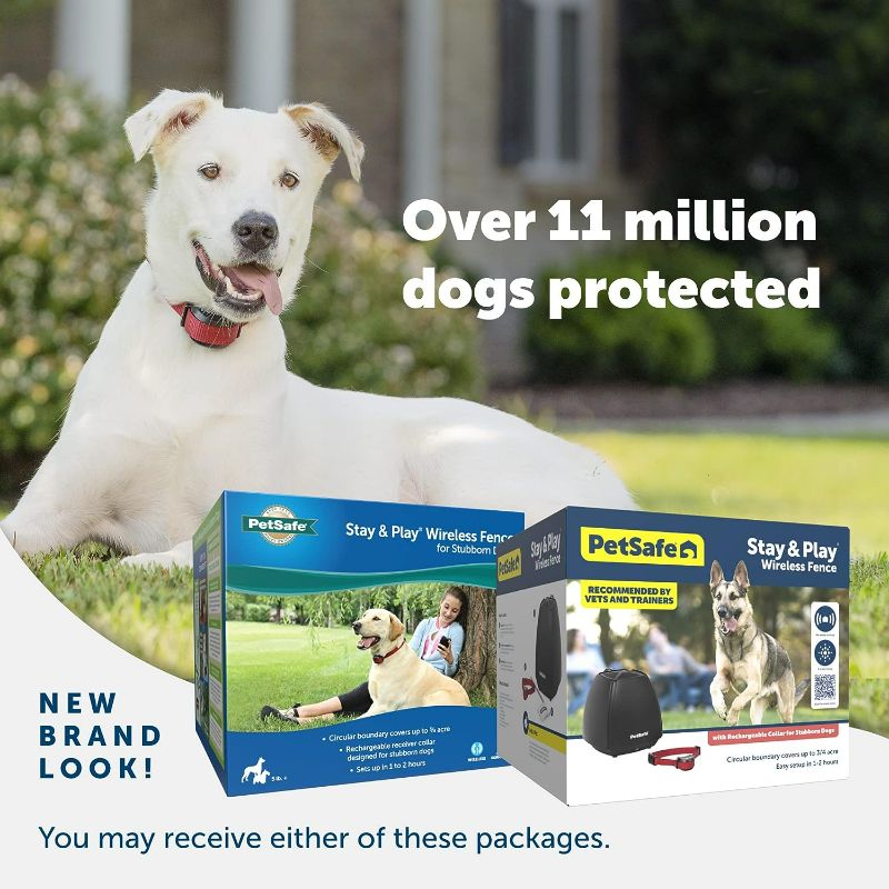 Photo 1 of PetSafe Stay & Play Wireless Pet Fence for Stubborn Dogs – No Wire to Bury – Covers 3/4-Acre Yard – For Hard-to-Train Dogs 5 lbs. & Up – Portable – From the Parent Company of INVISIBLE FENCE Brand
