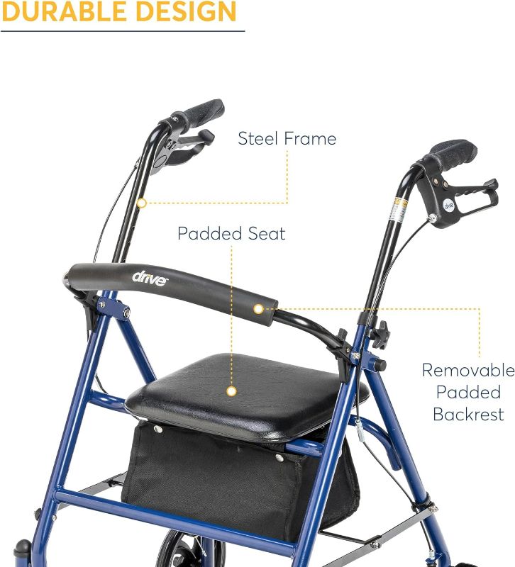 Photo 3 of Drive Medical 10257BL-1 4 Wheel Rollator Walker With Seat, Steel Rolling Walker, Height Adjustable, 7.5" Wheels, Removable Back Support, 300 Pound Weight Capacity, Blue
