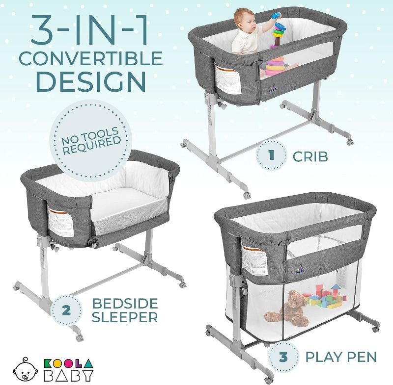 Photo 2 of 3 in 1 Baby Bassinet, Bedside Sleeper, & Playpen, Easy Folding Portable Crib (Grey)- KoolaBaby (Bassinet)
