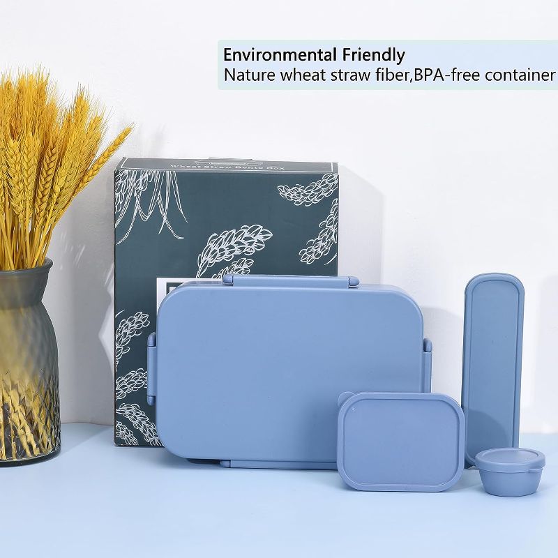 Photo 1 of Versatile 2045ml Bento Box, Kids/Adults Wheat Straw Fiber Lunch Box, Leak-Proof 5 Compartment Lunch Container with Utensil Set, BPA Free Bento Lunch Box for School, Work, Picnic -Blue
