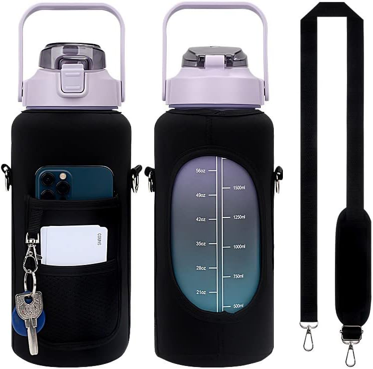 Photo 1 of 64 OZ Black Sheikhu Half Gallon Water Bottle with Strap to carry with Sleeve & Shoulder Strap | BPA Free Water Bottle with Time Marker for Women & men | Ideal for Gym water bottle with phone holder & Sports
