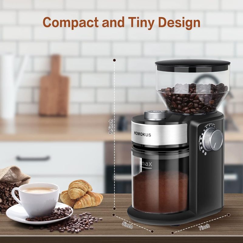 Photo 4 of HOMOKUS Electric Burr Coffee Grinder - Adjustable Burr Mill Coffee Bean Grinder with 18 Grind Settings - Coffee Grinder 2.0 for Espresso Drip Coffee and French Press - 2-14 Cup Capacity
