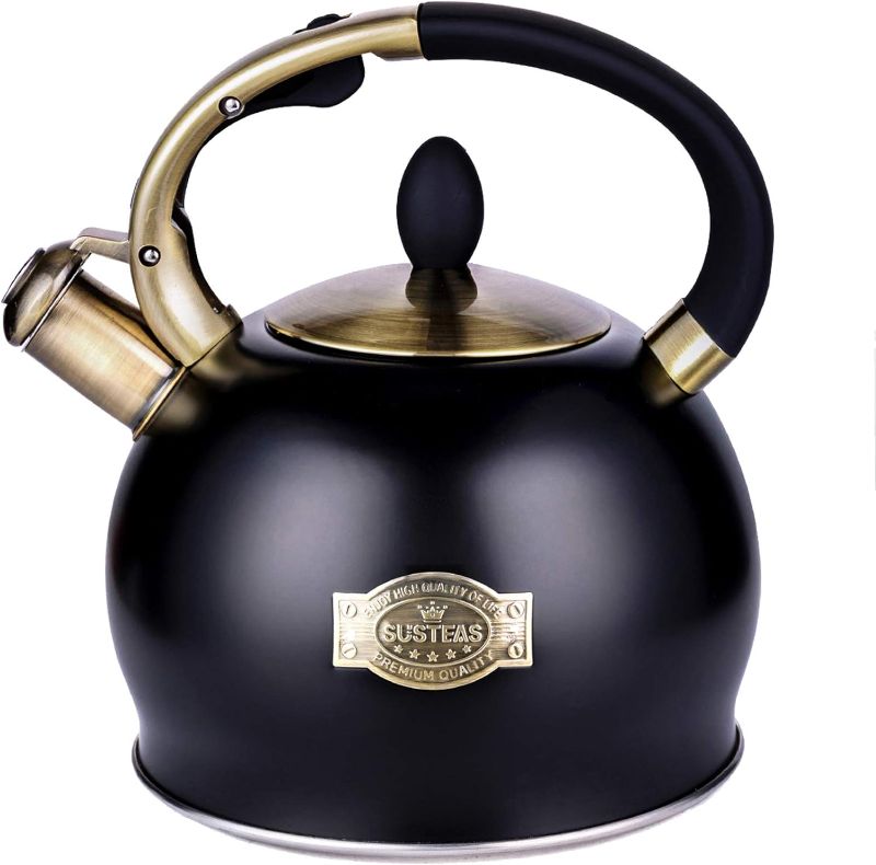 Photo 1 of SUSTEAS Stove Top Whistling Tea Kettle-Surgical Stainless Steel Teakettle Teapot with Cool Touch Ergonomic Handle,1 Free Silicone Pinch Mitt Included,2.64 Quart(BLACK)
