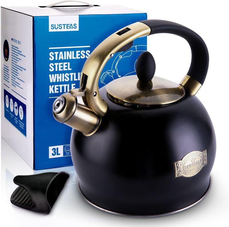 Photo 5 of SUSTEAS Stove Top Whistling Tea Kettle-Surgical Stainless Steel Teakettle Teapot with Cool Touch Ergonomic Handle,1 Free Silicone Pinch Mitt Included,2.64 Quart(BLACK)
