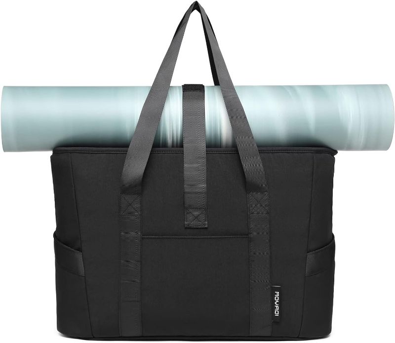 Photo 2 of Moyaqi Yoga Tote Bag with Water Bottle Pockets Gym Bag with Yoga Mat Strap Weekender Bags for Women Men
