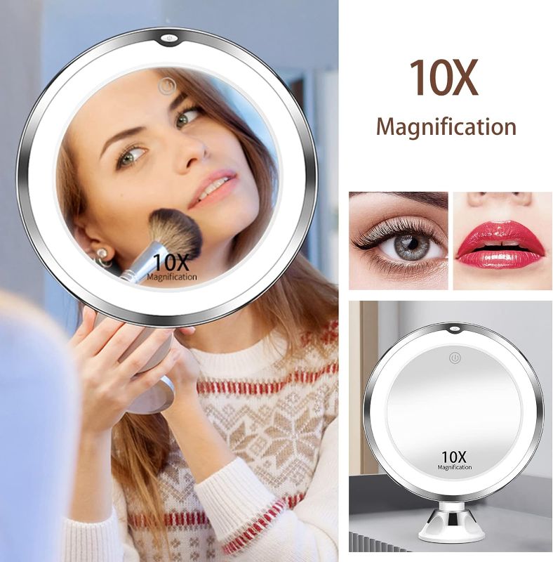 Photo 2 of WRSNGH 10X Magnifying Makeup Mirror with Lights, 3 Color Lighting, Bathroom Shower Mirror with Suction Cup, Intelligent Switch, 360 Degree Rotation, Portable for Detailed Makeup, Close Skincare
