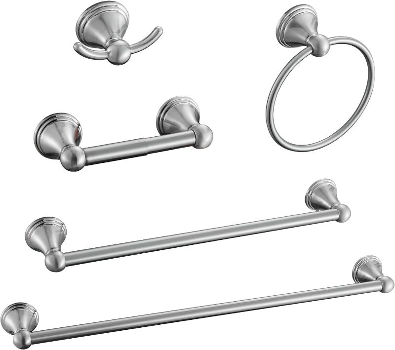 Photo 1 of Sagetta Nickel Bathroom Hardware Set, 5-Piece Bath Accessories Set Wall Mount Includes 20 in Towel Bar, 16 in Towel Bar, Towel Ring, TP Holder, Towel Hook Brushed Nickel
