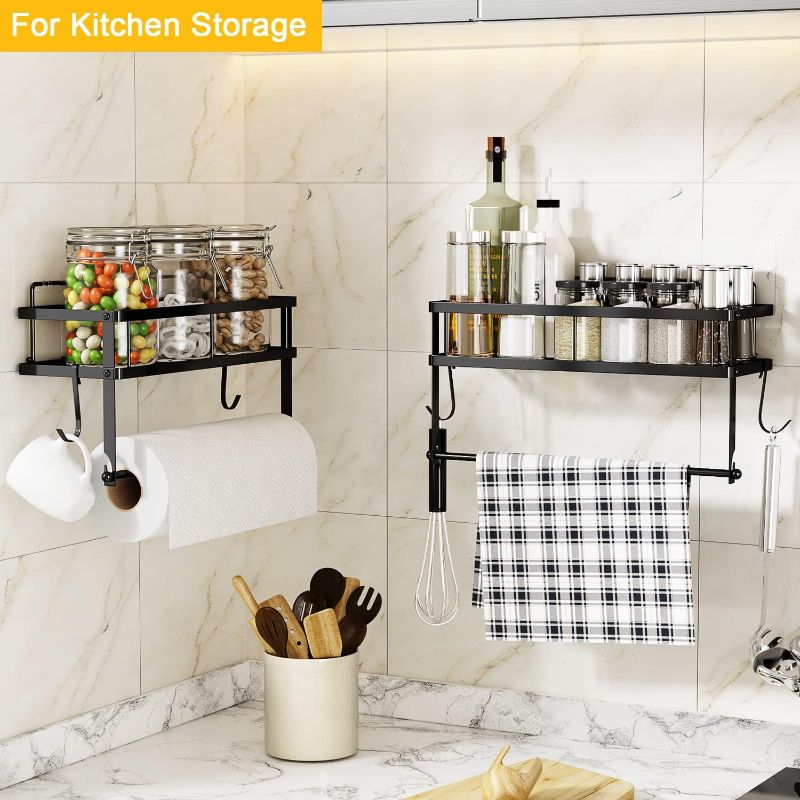 Photo 2 of ESOW Paper Towel Holder with Shelf Storage, Adhesive Wall Mount 2-in-1 Basket Organizer for Kitchen & Bathroom, Durable Metal Wire Design, Stainless Steel 304 Matte Black Finish
