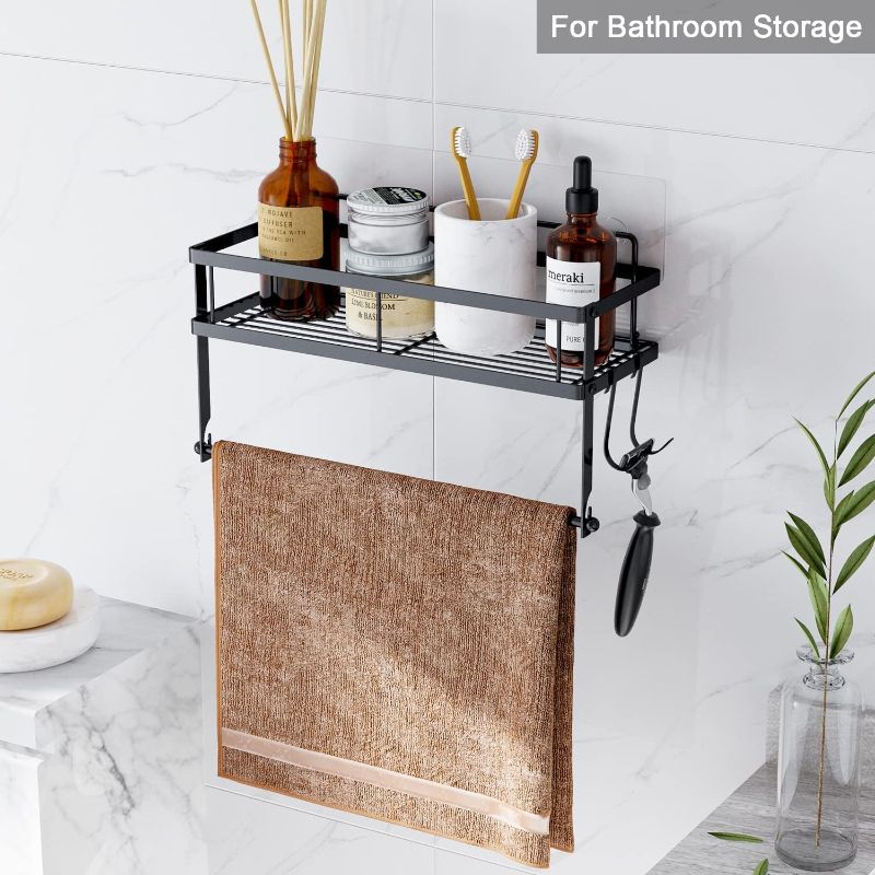 Photo 3 of ESOW Paper Towel Holder with Shelf Storage, Adhesive Wall Mount 2-in-1 Basket Organizer for Kitchen & Bathroom, Durable Metal Wire Design, Stainless Steel 304 Matte Black Finish
