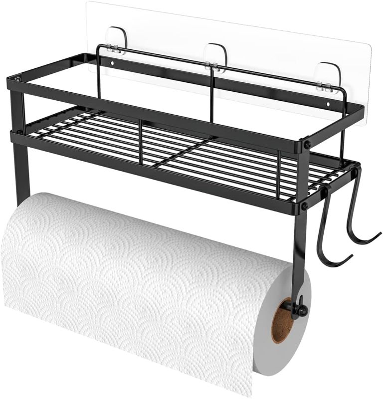 Photo 1 of ESOW Paper Towel Holder with Shelf Storage, Adhesive Wall Mount 2-in-1 Basket Organizer for Kitchen & Bathroom, Durable Metal Wire Design, Stainless Steel 304 Matte Black Finish
